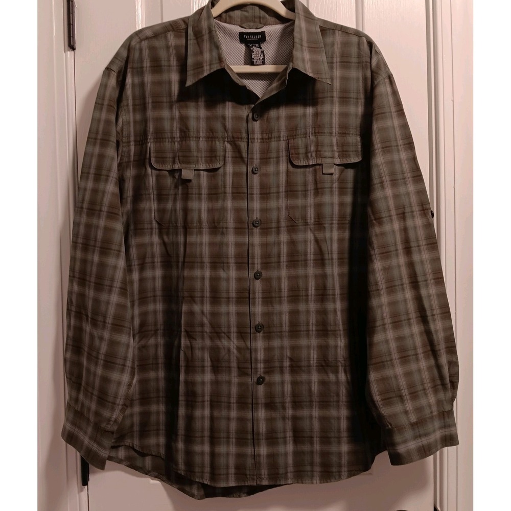 Van Heusen Mens XL Long Sleeve Plaid Fishing Hiking Vented Button Down Green